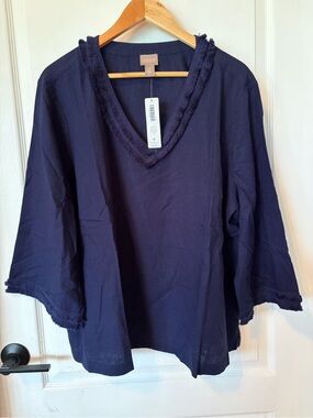 Chico's Deep Navy V-Neck Fringe-Trim Tunic